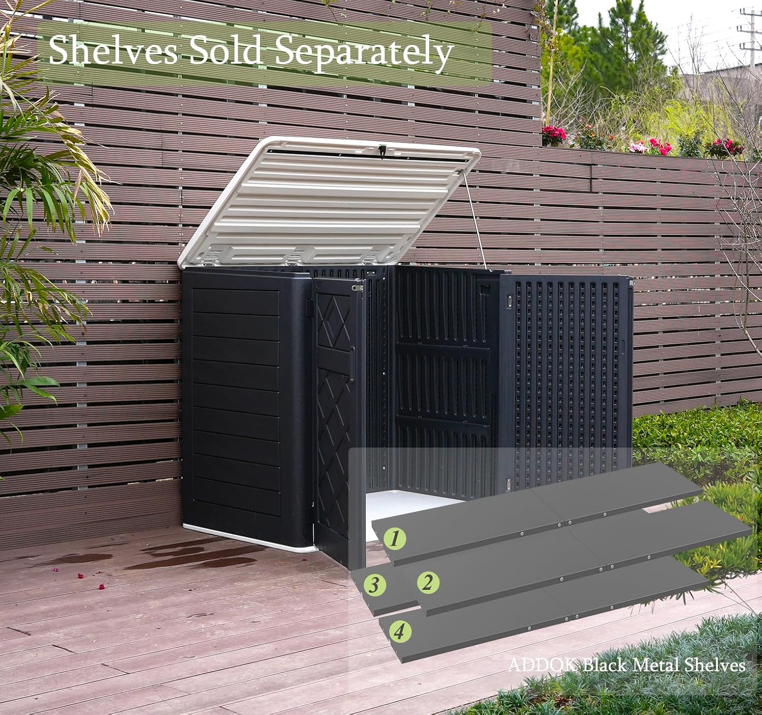 ADDOK Larger Outdoor Storage Shed Weather-Resistance, Horizontal Outdoor Storage Box Waterproof for Garden Backyard Patio and Lawn, 38 Cuft Capacity for Bike, Garbage Cans, Lawn Mover, Patio Tools