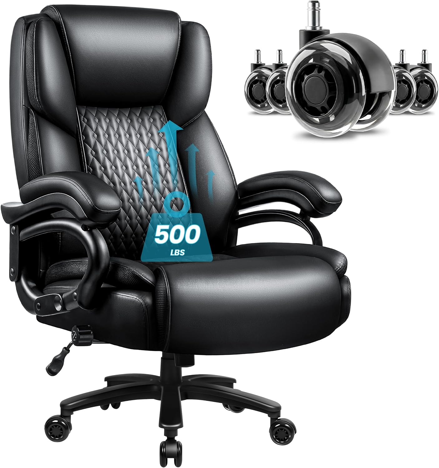 Big and Tall Office Chair 500lbs, Heavy Duty Executive Office Leather Chair for Heavy People, High Back Ergonomic Office Chair with Lumbar Support & Quiet Rubber Wheels, Extra Padded Seat, Black