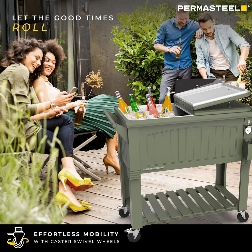 Permasteel Party Cooler with Divider, Spacious 80-Qt Capacity, Chills 36hrs, Serving Tray, Rolling Ice Chest for Indoor and Outdoor Entertainment, Matte Green