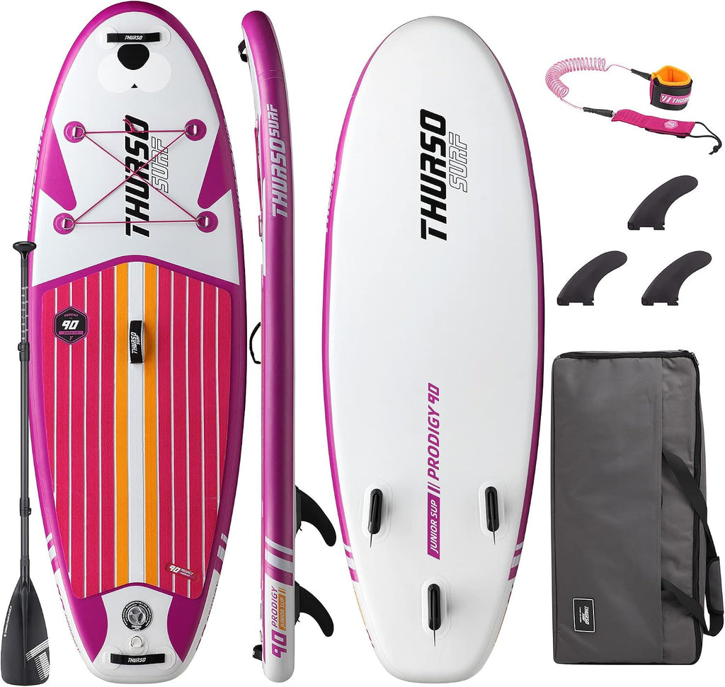 THURSO SURF Prodigy Junior Kids Inflatable SUP Stand Up Paddle Board 7'6 x 30'' x 4'' Two Layer Includes Adjustable Carbon Shaft Paddle/3 Fins/Leash/Duffle Bag/NO Pump Included