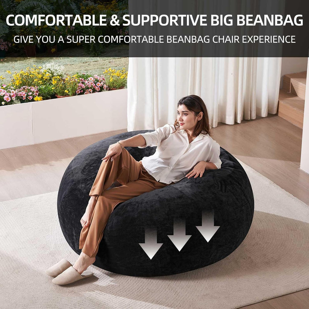 SANAE Oversized 5FT Memory Foam Bean Bag Chair for Adults - Black Corduroy Fabric with Filling, Comfy Gaming & Movie Beanbag Sofa Floor Couch, Large Lounger for Living Room/Dorm/Classroom/Bedroom