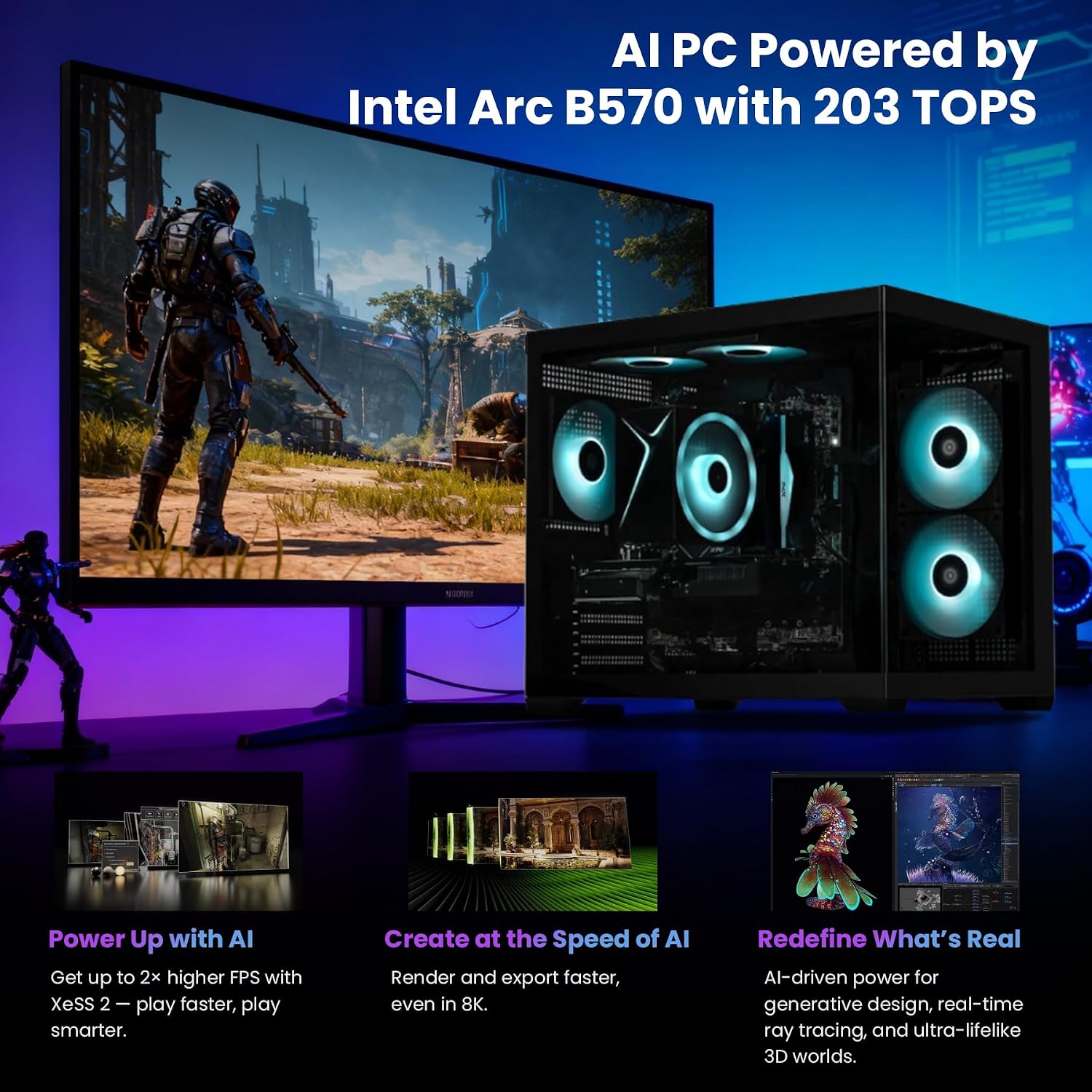 STORMCRAFT Sirius AI Gaming Desktop, Intel i5 14400F, Arc B570 10GB GDDR6 Supports 1440P Gaming, 16GB DDR4 RGB Memory, 1TB NVMe SSD, VR Ready PC Gamer