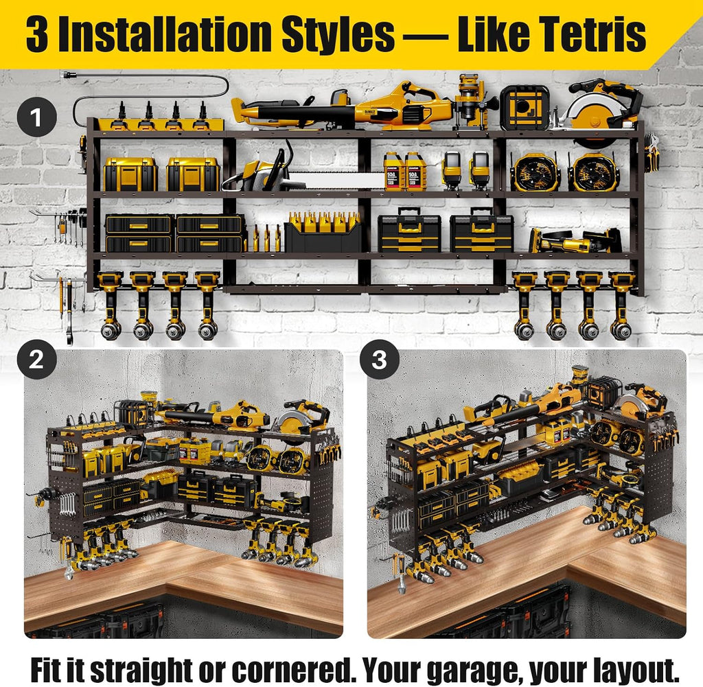 XLarge 64''W Power Tool Organizer Wall Mount | 8-Outlet TR Charging Station | Modular&Corner-Fit 820lbs Garage Storage Rack with 8 Cordless Drill Holder | Shelf for Workshop Organization