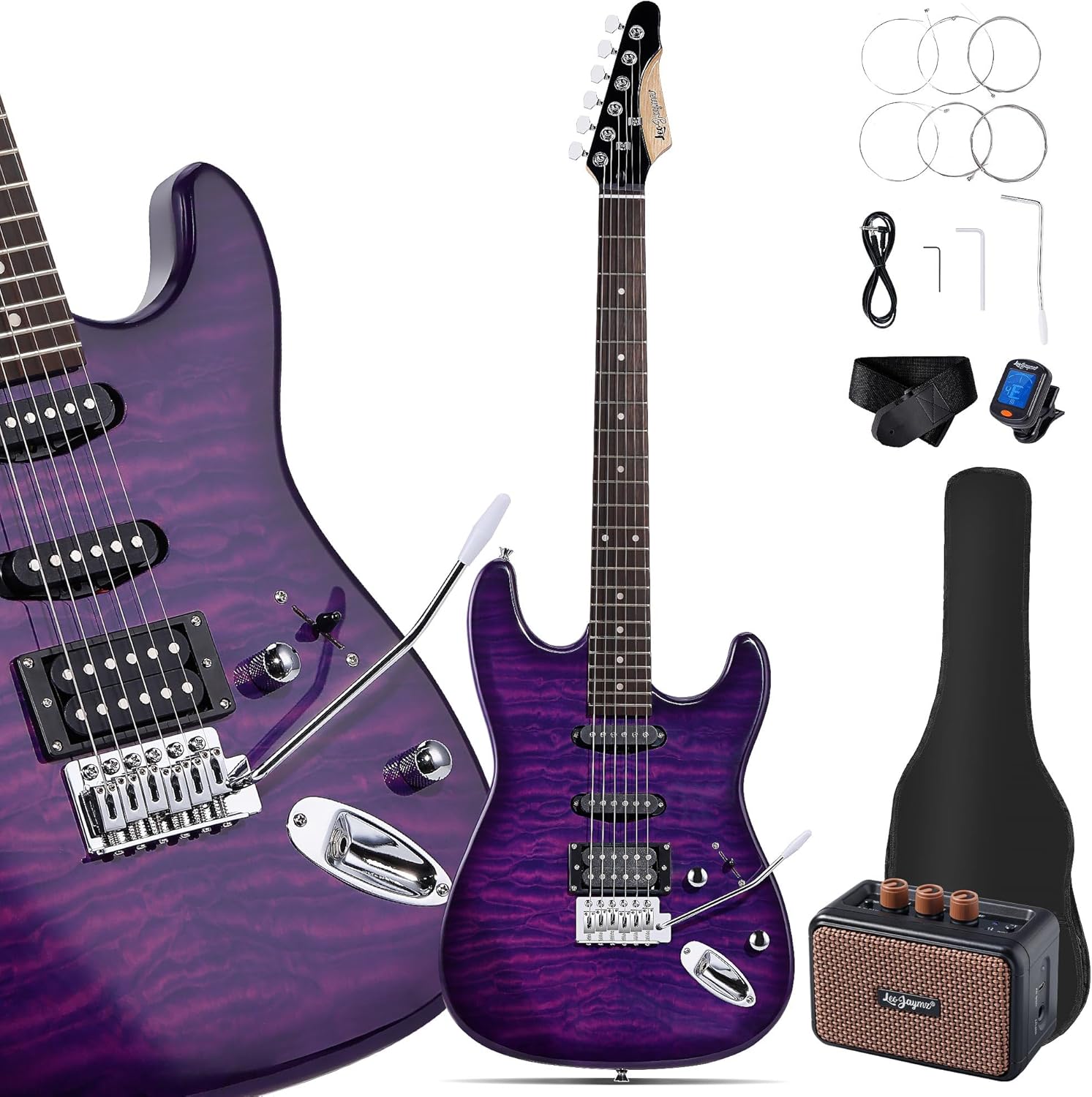 Leo Jaymz 39' Full Size ST Style Electric Guitar Starter Kit with SSH Pickup, 5W Portable Amp, Tuner, Gig Bag, Strap & Accessories (Violet Ocean)