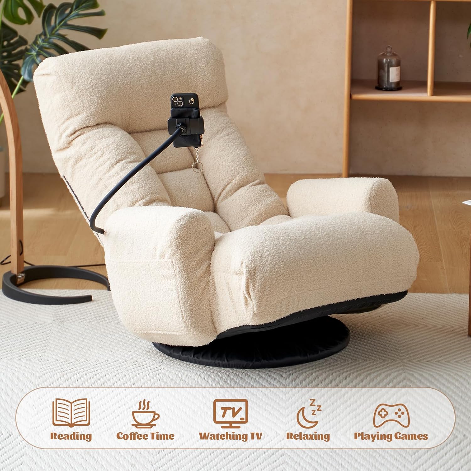 Teddy 360° Swivel Floor Gaming Sofa Chair - Beige | Adjustable Head & Waist Support, Padded Cushion, Folding Gaming Lounge Chair with Armrests & Phone Holder | Home Office