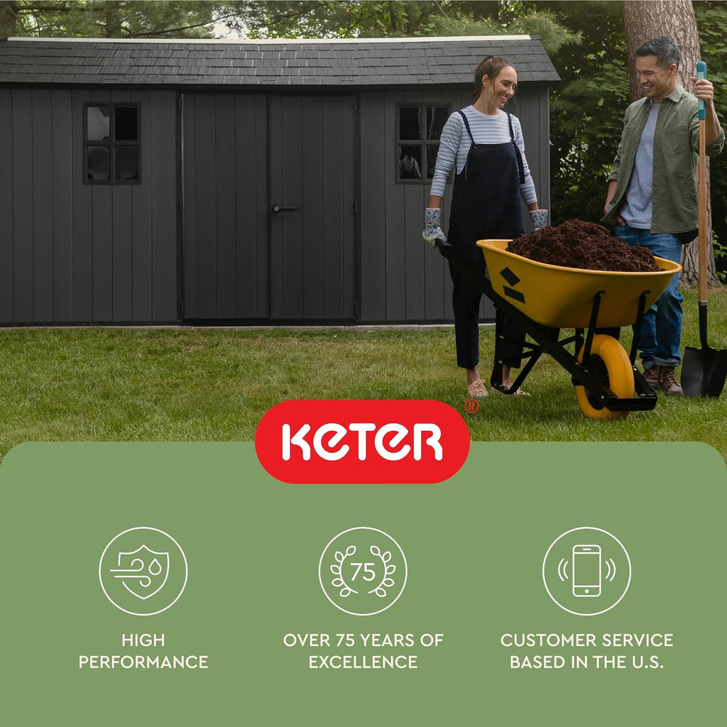 Keter Newton Plus 7.5x15 Ft All-Weather Storage Shed with Skylight, Window, Built-in Ventilation, Customizable Walls, & Lockable Double Doors, Graphite