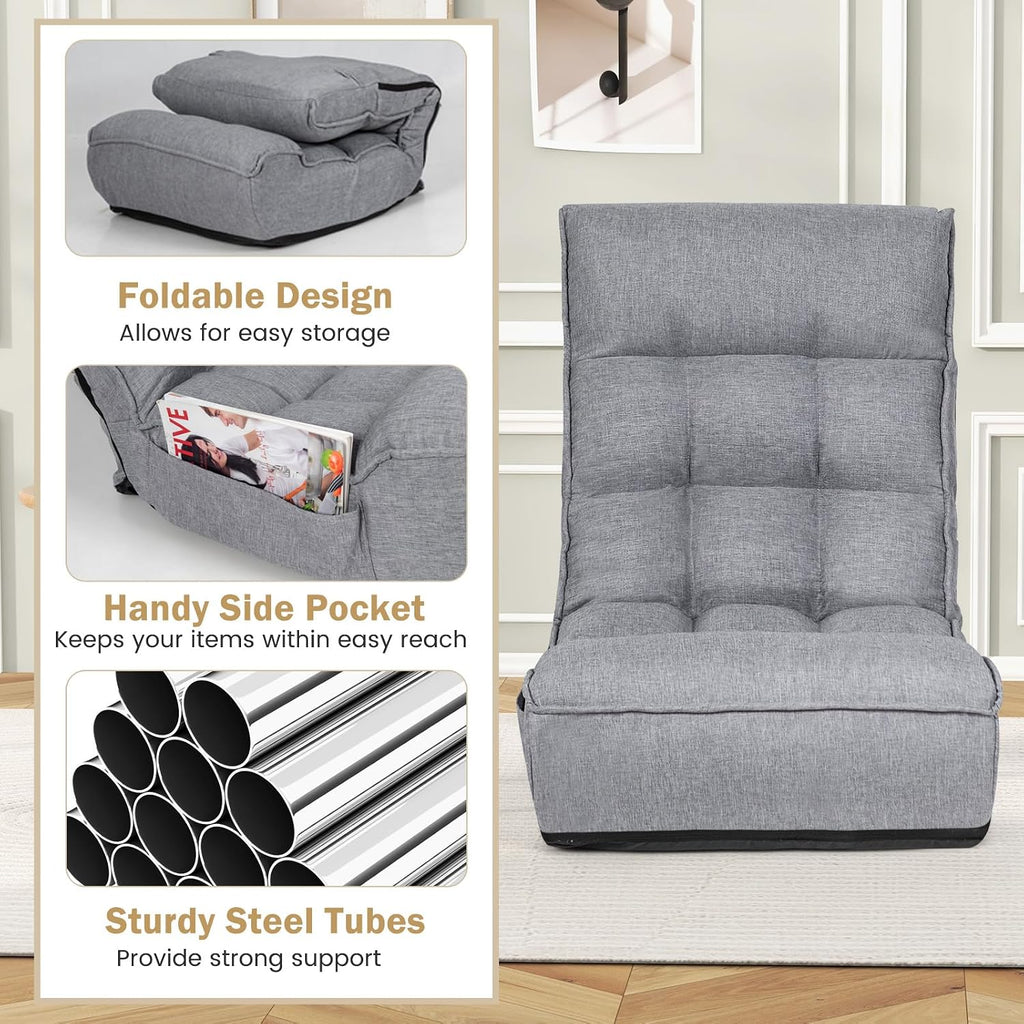 KOMFOTT Folding Floor Chair for Adults, Floor Gaming Chair with 5-Position Adjustable Headrest & 4-Position Adjustable Backrest, Side Pocket, Floor Seating Lazy Sofa for Reading, Meditating, Grey