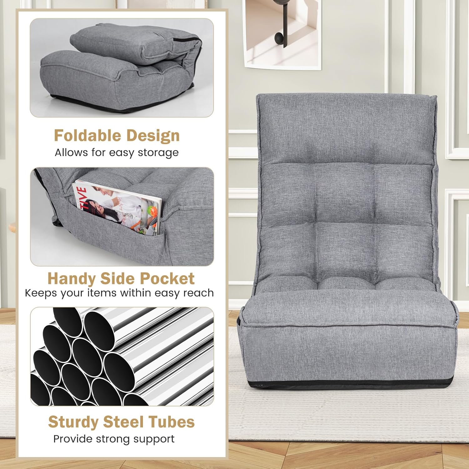 KOMFOTT Folding Floor Chair for Adults, Floor Gaming Chair with 5-Position Adjustable Headrest & 4-Position Adjustable Backrest, Side Pocket, Floor Seating Lazy Sofa for Reading, Meditating, Grey