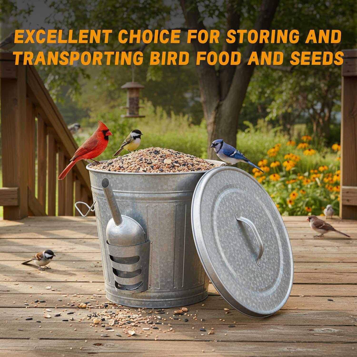 Yungyan 2 Pcs Bird Seed Containers Storage Galvanized Steel Metal Food and Seed Locking Storage Bucket Bin with Scoop, Rustic Farmhouse Feed Containers, Holds up to 18 Quarts, Disassembled Outer Frame
