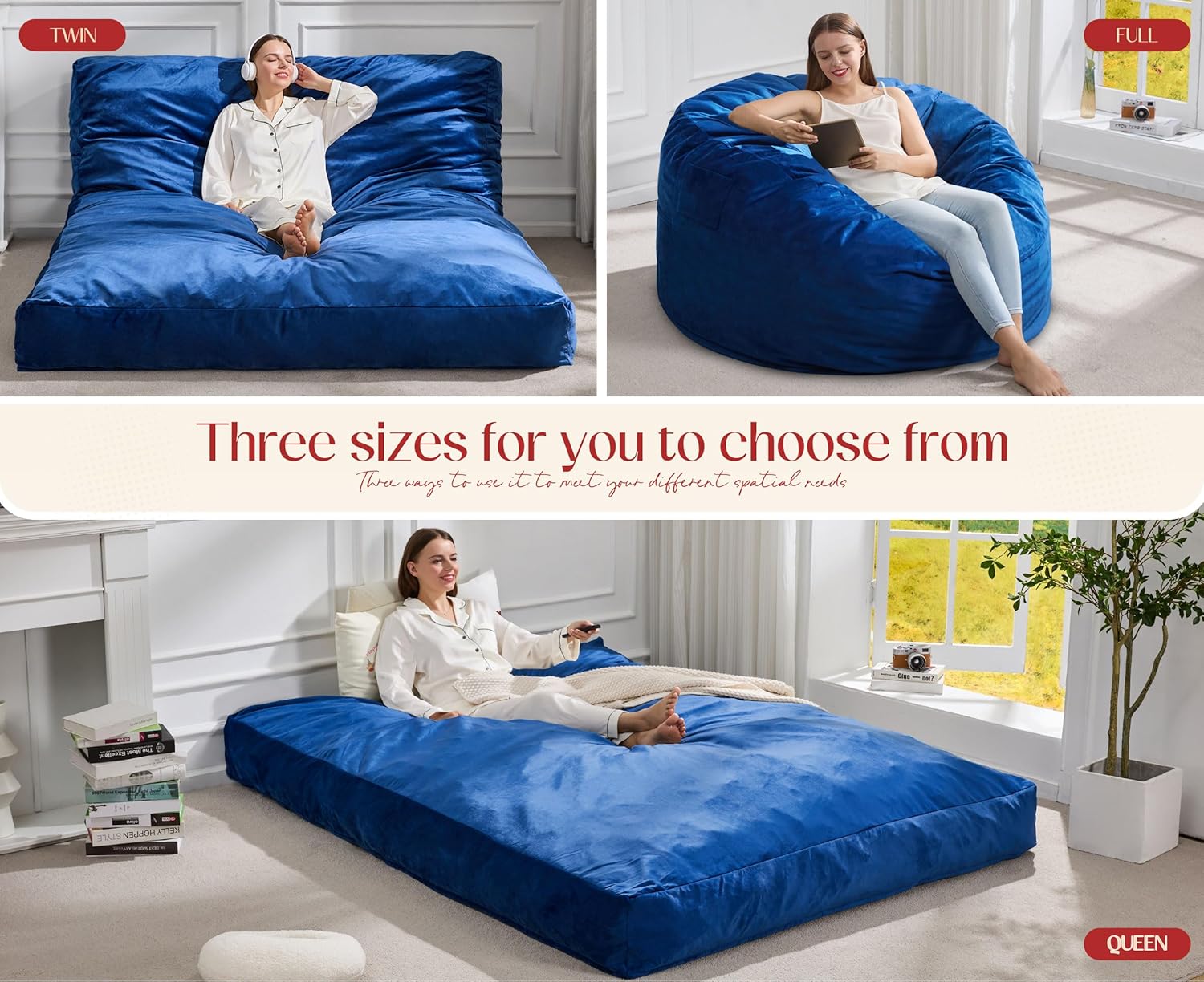 Hobestluk Giant Bean Bag Chair Bed for Adults, Large Bean Bags with High-Density Foam Filling, Convertible Big Sofa Bed Couch for Living Room, Bedroom, Playroom (Blue, Twin)