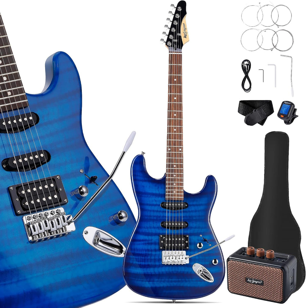 Leo Jaymz 39' Full Size ST Style Electric Guitar Starter Kit with SSH Pickup, 5W Portable Amp, Tuner, Gig Bag, Strap & Accessories(Blue Flame 5W)