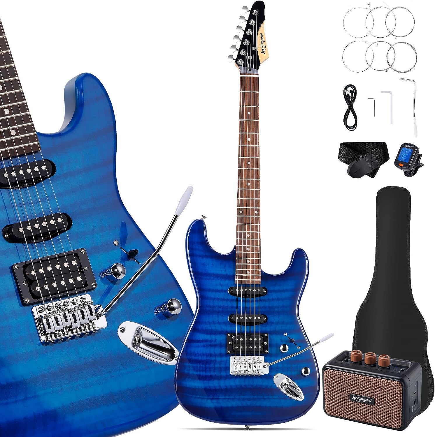 Leo Jaymz 39' Full Size ST Style Electric Guitar Starter Kit with SSH Pickup, 5W Portable Amp, Tuner, Gig Bag, Strap & Accessories(Blue Flame 5W)