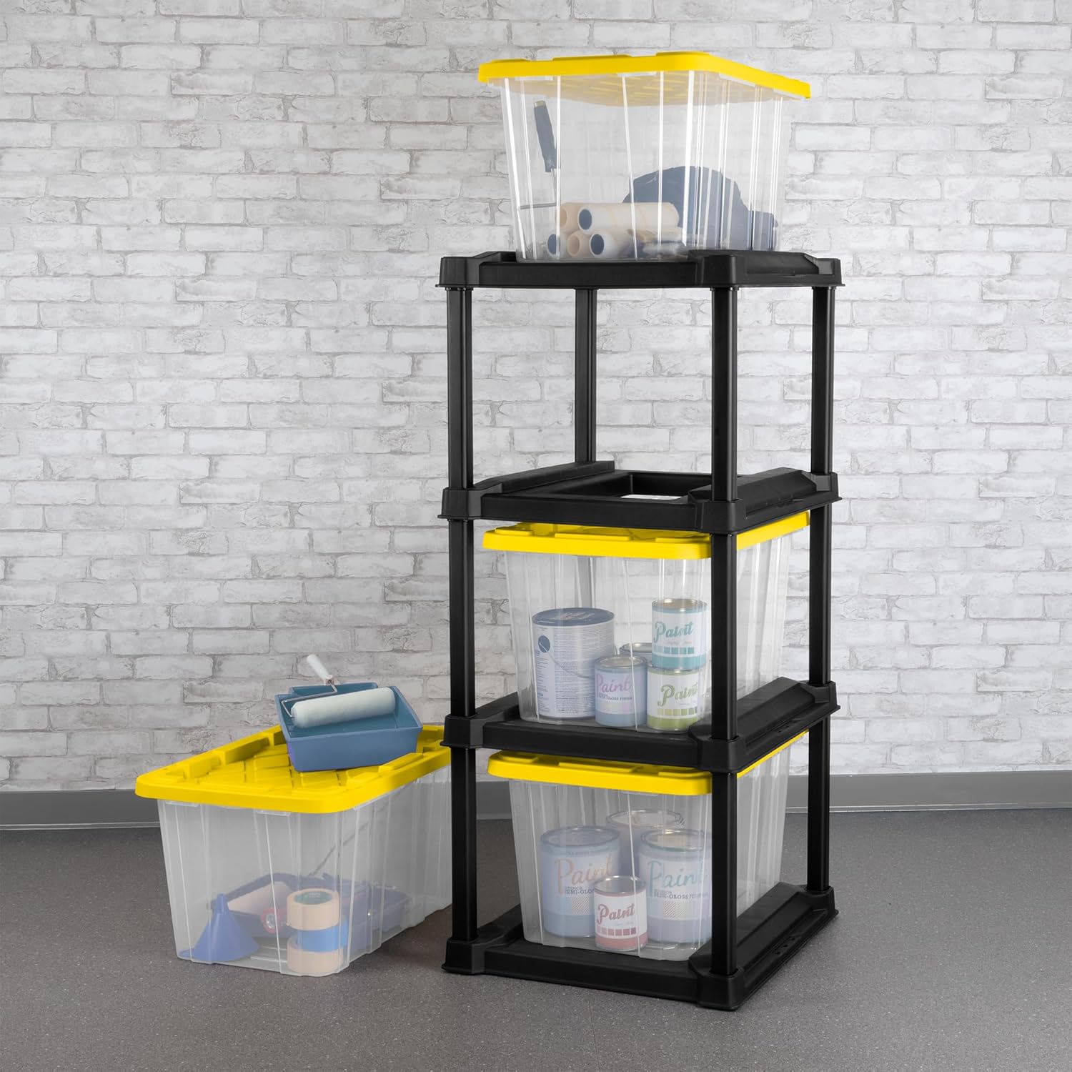 Sterilite 4 Tier Tote Rack, Vertical Plastic Organizer with 4 Pack 27 Gallon Industrial Storage Totes, Clear - for Garages, Workshops, or Basements