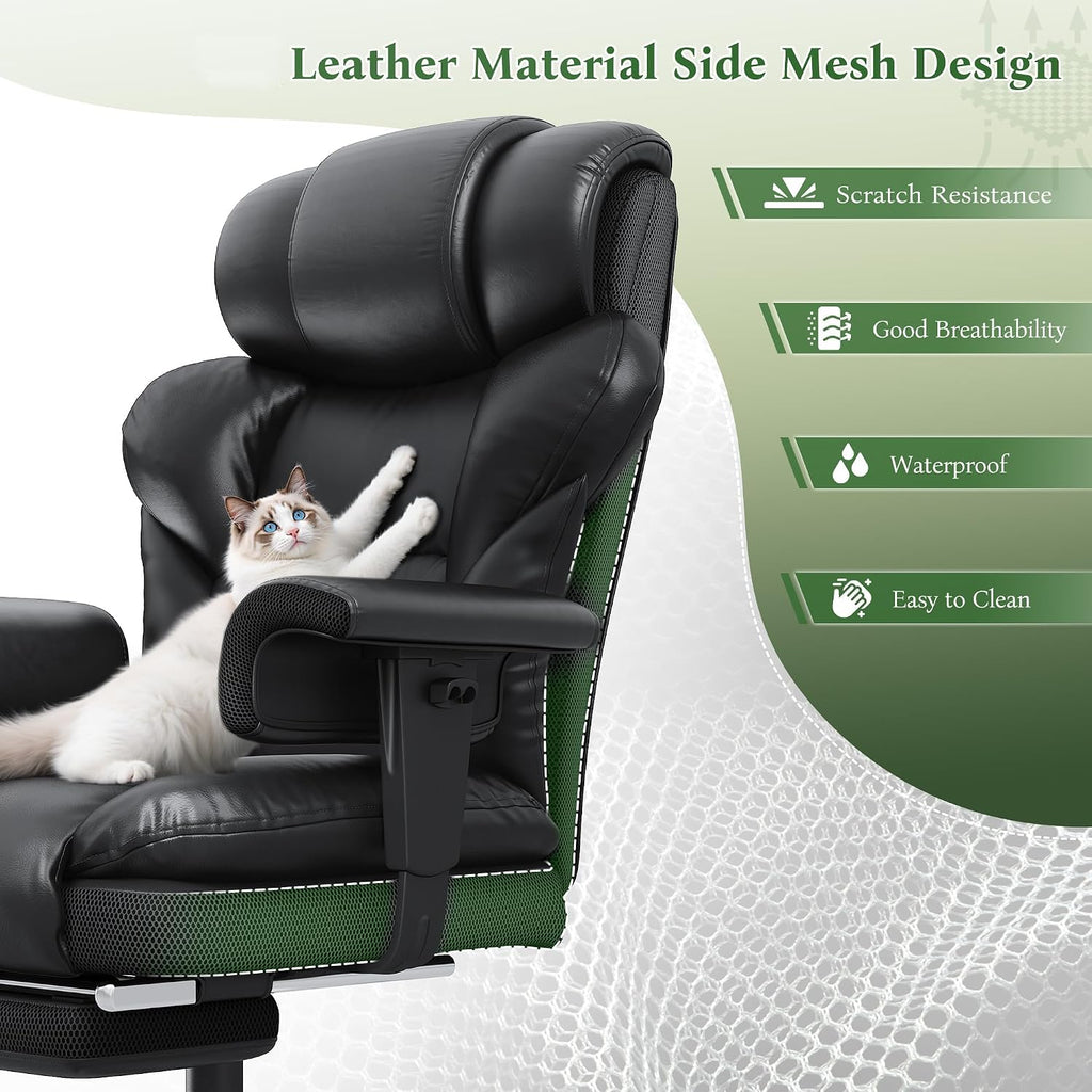 DurayLoly Big and Tall Office Chair with Footrest, Ergonomic Leather Office Desk Chair with Pocket Spring Cushion, 105°-135°Reclining & Height Adjustable, Ergonomic Computer Chair for Back Pain