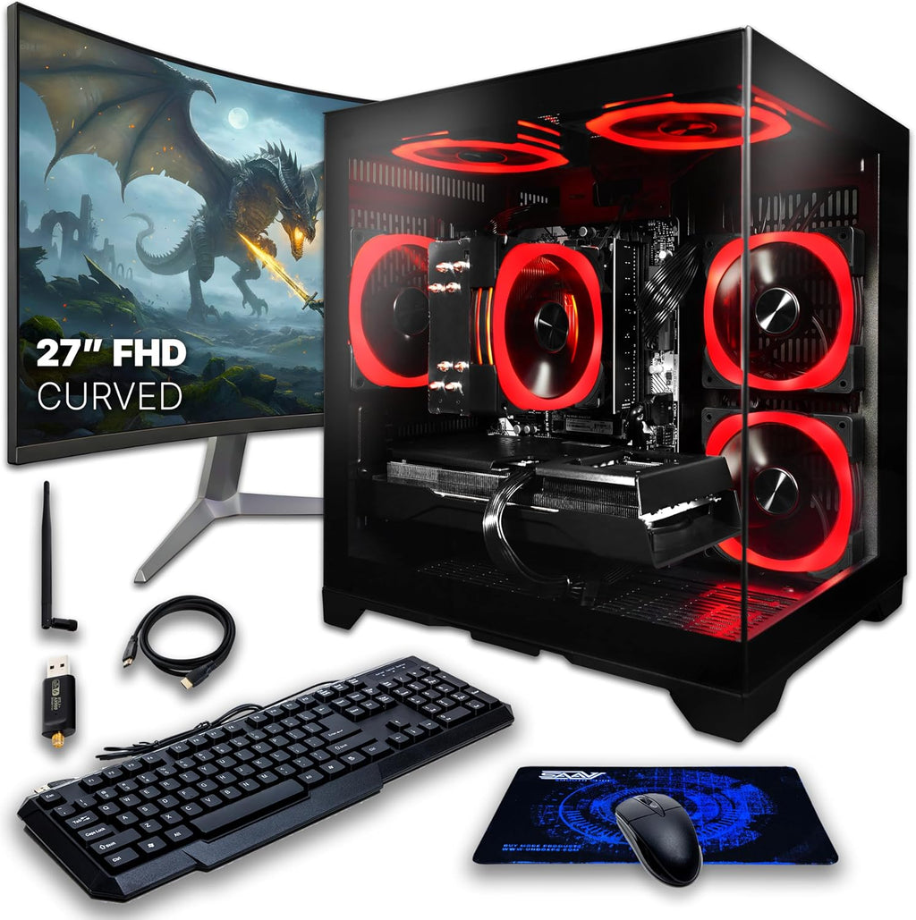 SAAV Drex Prebuilt Gaming PC Bundle Desktop Tower Intel Core i5-12400F GeForce RTX 3050 6GB GDDR6 Curved 27in Monitor 16GB DDR4 512GB NVMe SSD WiFi 6 Windows 11 Black RGB Computer PC Gaming