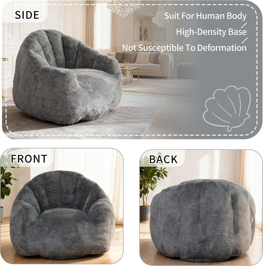 Bean Bag Chair, Giant Beanbag Chiars for Adults, Faux Fur Shell-Shaped Floor Sofa with Filler, Comfy Chair for Reading, Gaming and Relax (Grey)