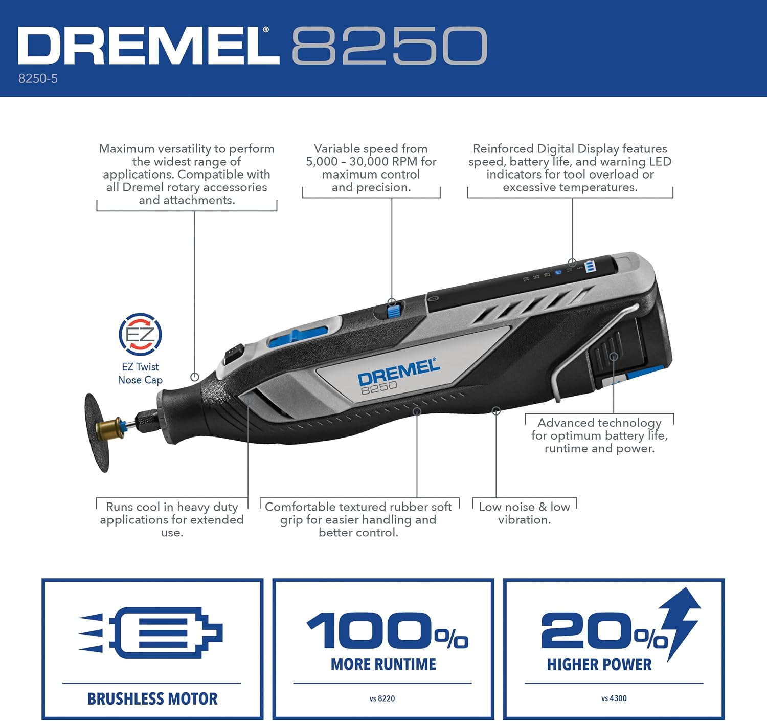 Dremel 8250-5 12V Lithium-Ion Variable Speed Cordless Rotary Tool with Brushless Motor - 5 Rotary Tool Accessories, 3Ah Battery, Charger, and Tool Bag