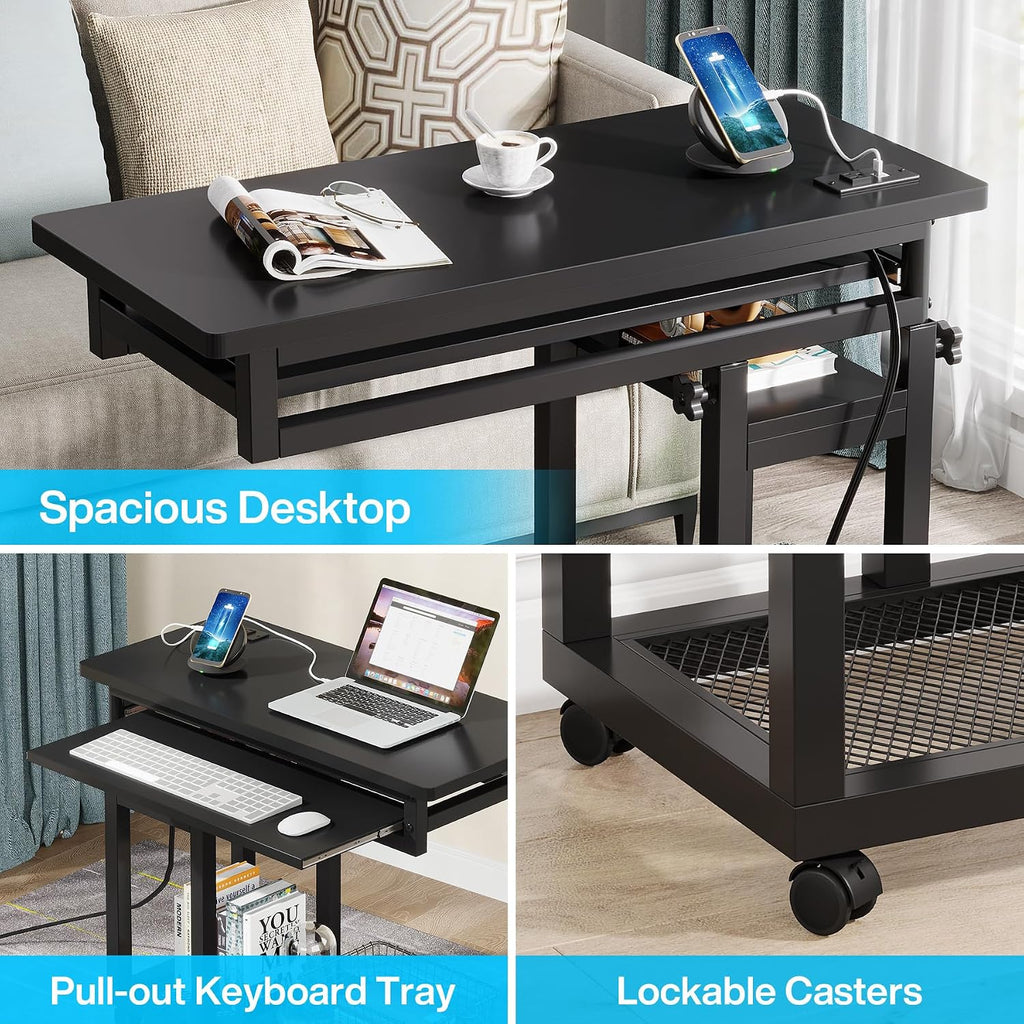 Tribesigns Small Portable Desk with Power Outlet, Height Adjustable Sofa Couch Bedside Laptop Table with Wheels, Mobile Standing Desk Rolling Computer Cart C Side Table with USB Ports