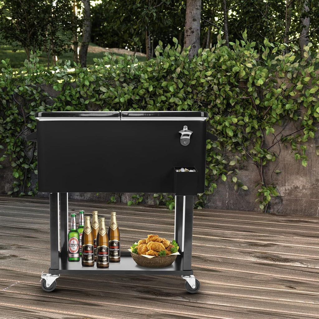 Outvita 80 Quart Rolling Ice Chest, Portable Bar Drink Cooler with Catch Basin, Bottom Storage Tray and Bottle Opener for Patio Party BBQ Beach Activities