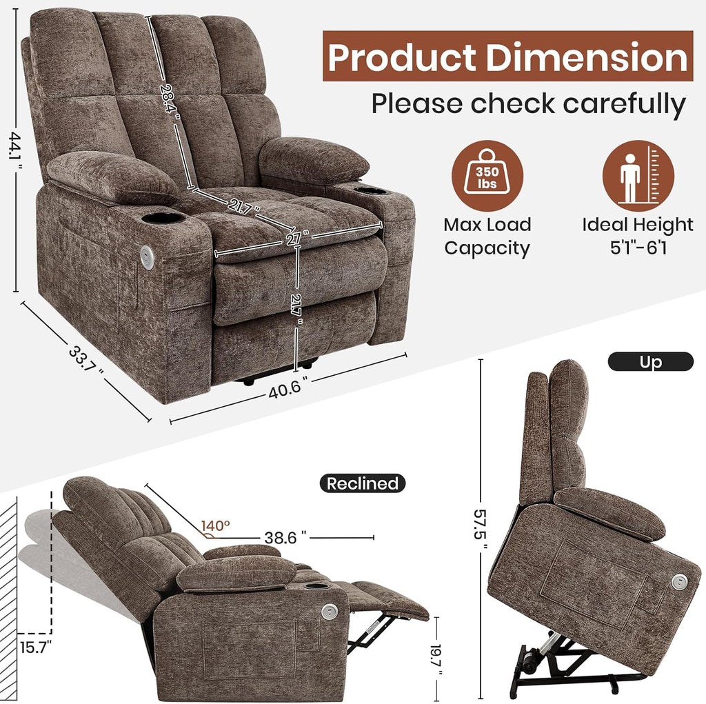 Oversized Power Recliner Chair with 26' Wide Seat for Big and Tall, 20,000+ Rubs Durable Chenille Fabric, USB & Type-C Charging, Dual Remotes, Brown
