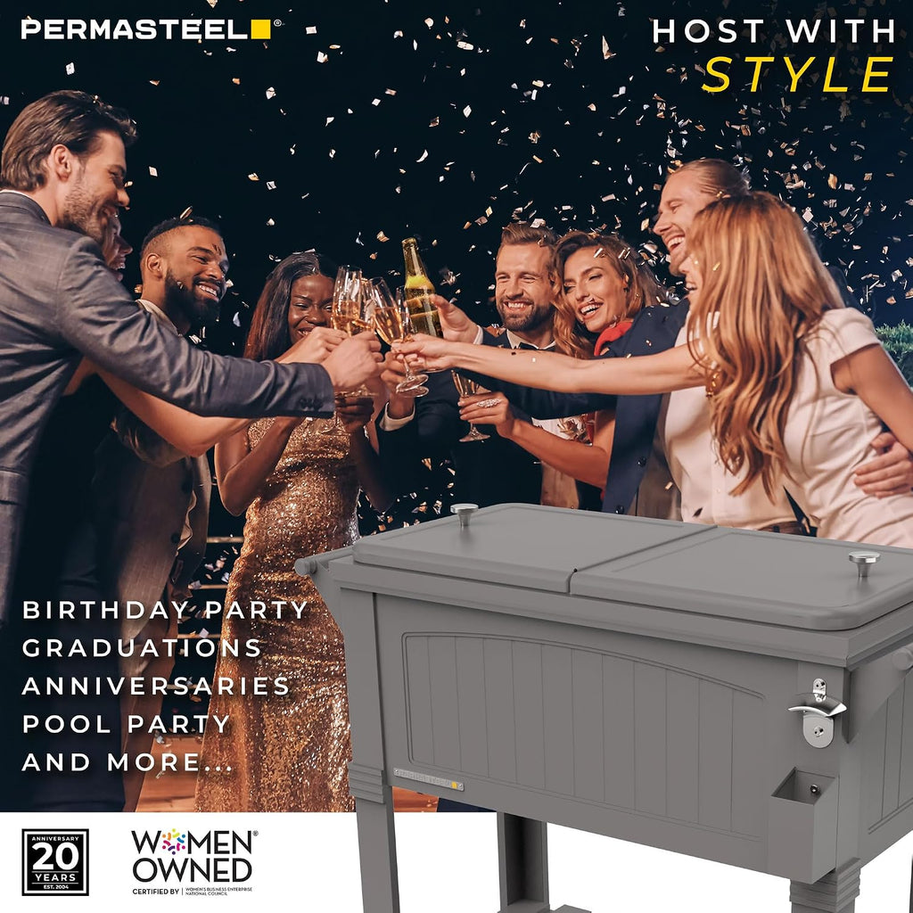 Permasteel Party Cooler with Divider, Spacious 80-Qt Capacity, Chills 36hrs, Serving Tray, Rolling Ice Chest for Indoor and Outdoor Entertainment, Matte Gray