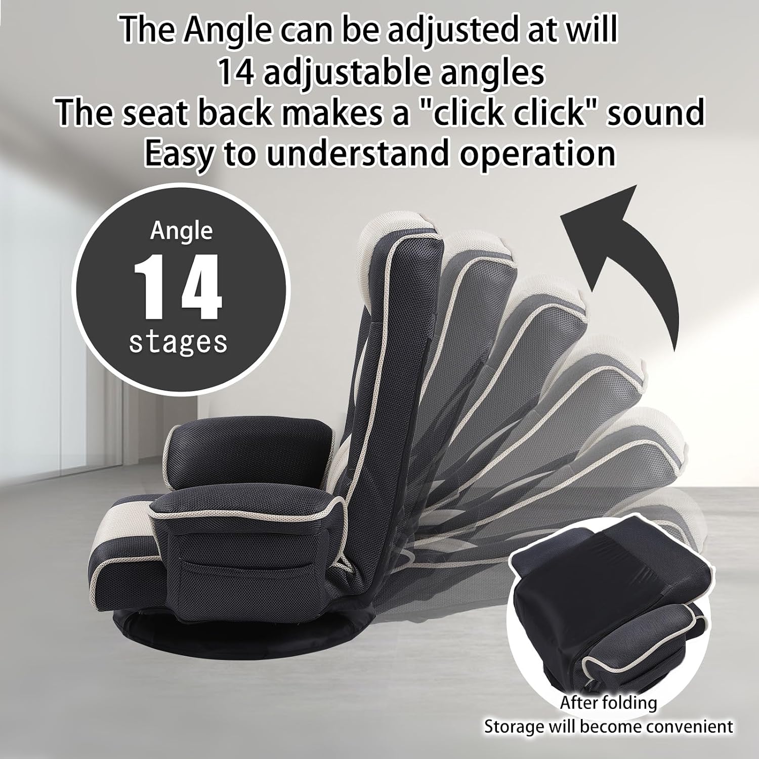 360 Degree Swivle Adjustable Floor Chair, Chaise Lounge Indoor, Folding Lazy Sofa with Armrests and Side Pocket Adults Gaming Chairs for Living Room, Bedroom Factory Price 201 (BK-GR)