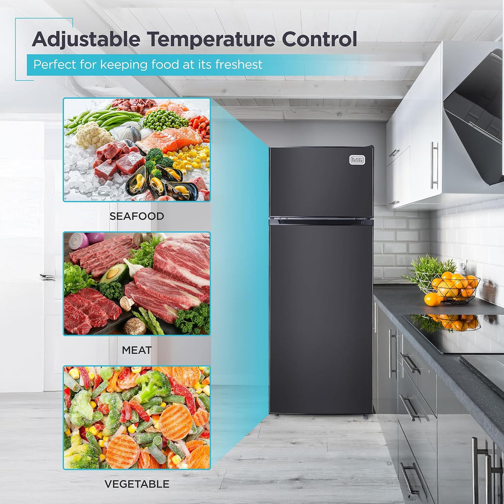 BLACK+DECKER 7.7 Cu. Ft. Top Mount Refrigerator with Freezer, 2 Door Fridge with Top Freezer and Mechanical Temperature Control, For Homes and Apartments, BDA77LAB, Black