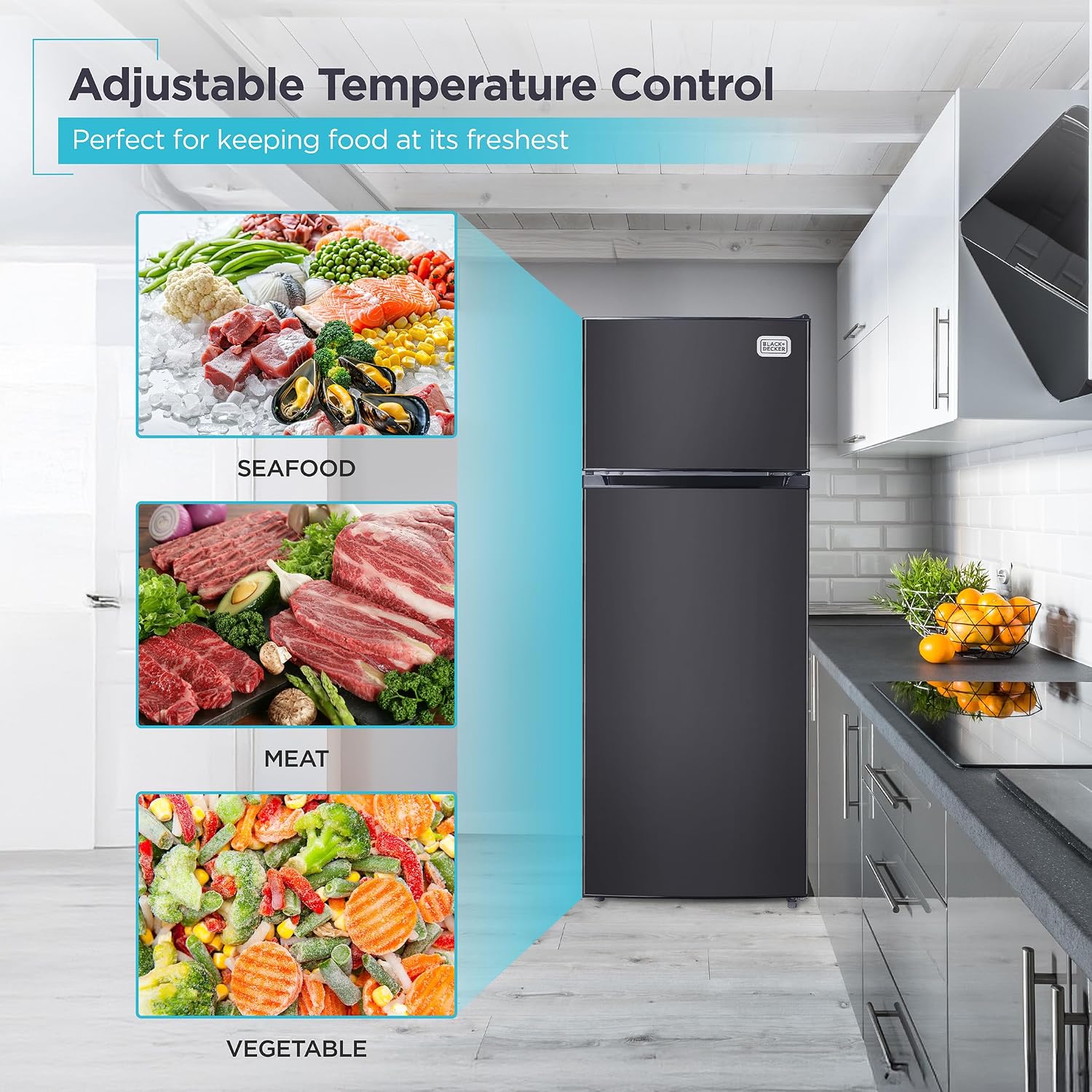 BLACK+DECKER 7.7 Cu. Ft. Top Mount Refrigerator with Freezer, 2 Door Fridge with Top Freezer and Mechanical Temperature Control, For Homes and Apartments, BDA77LAB, Black