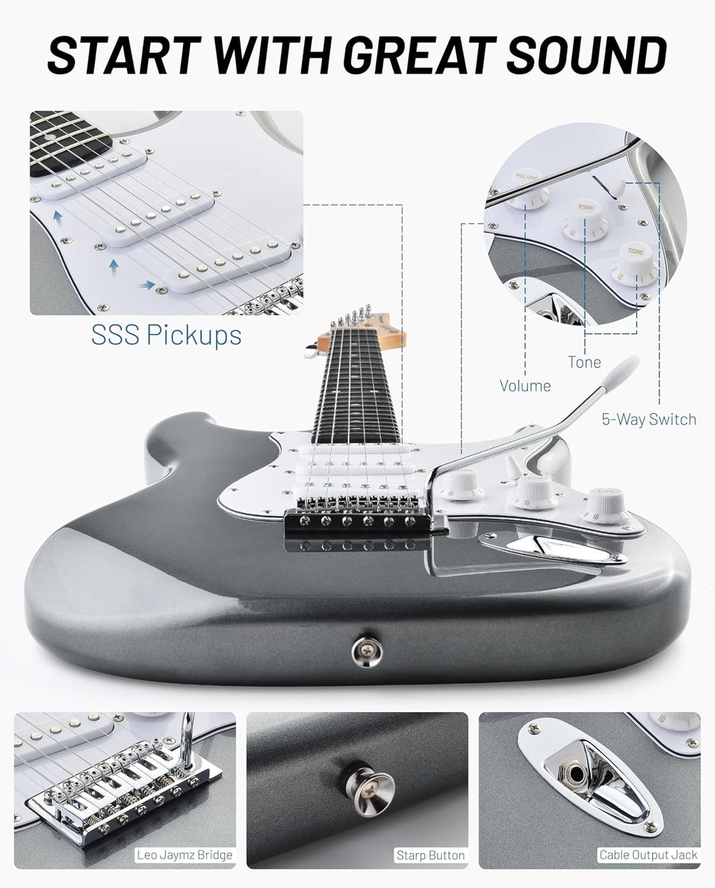 Leo Jaymz Beginner Electric Guitar Complete Kit with Portable Amp, Padded Gig Bag & Full Accessories, Maple Neck SSS Pickups (Gray)