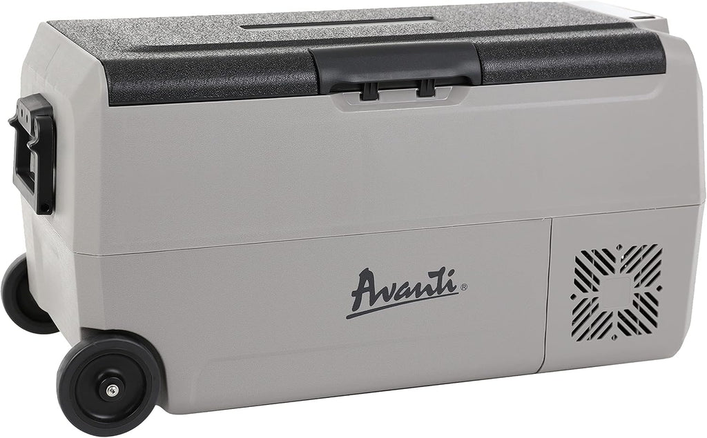 Avanti Cooler Portable Refrigerator and Freezer Travel Fridge with 36 Liter Capacity, Adjustable Zone Separation, Easy-Pull Rolling Design, LED Lights, AC/DC, Gray