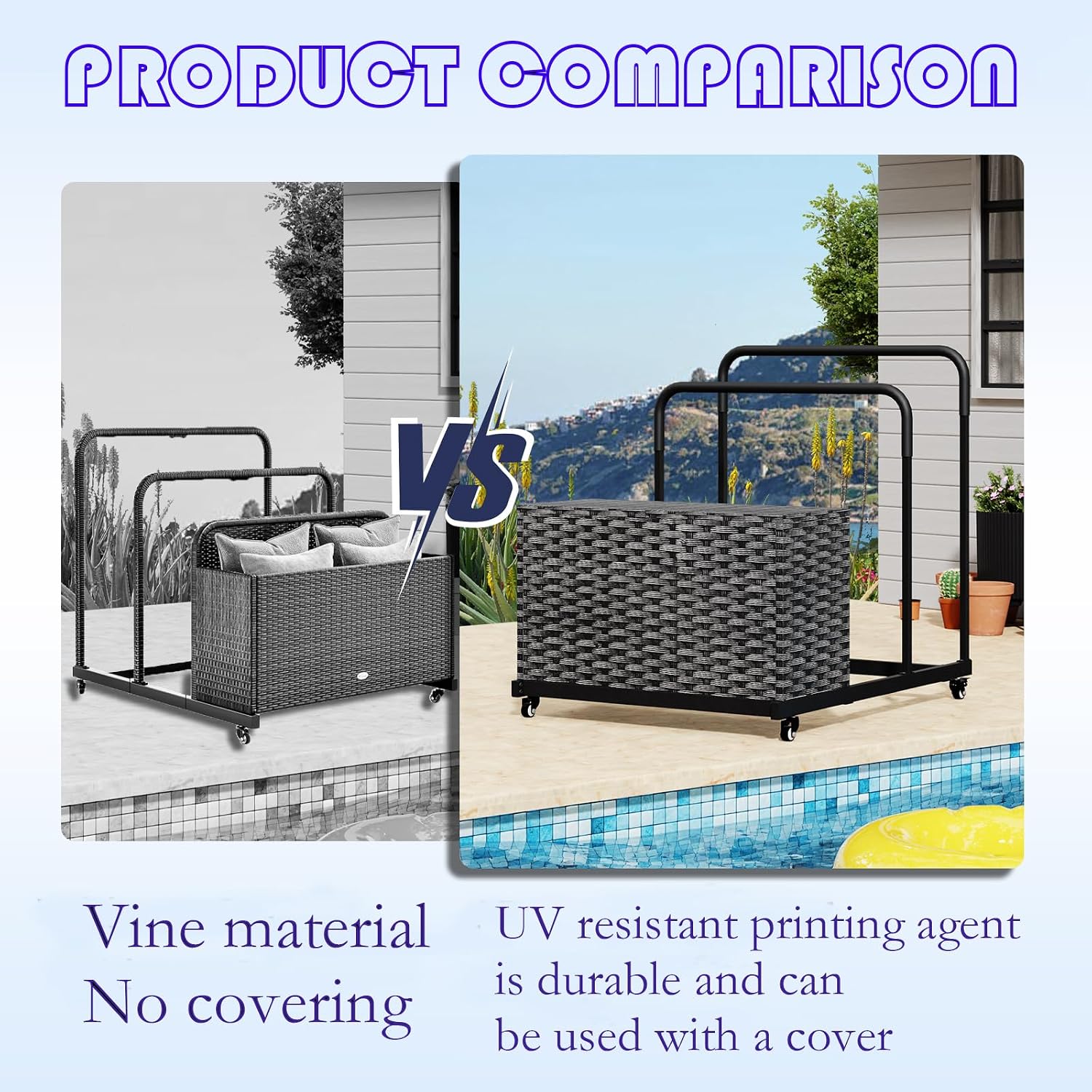 FONTOI Pool Storage, Pool Float Storage Bin with Wheels, Waterproof Metal with Rattan Pattern Textured UV Print Outdoor Pool Towel Rack, All-Weather Float Storage Organizer for Cushions, Black