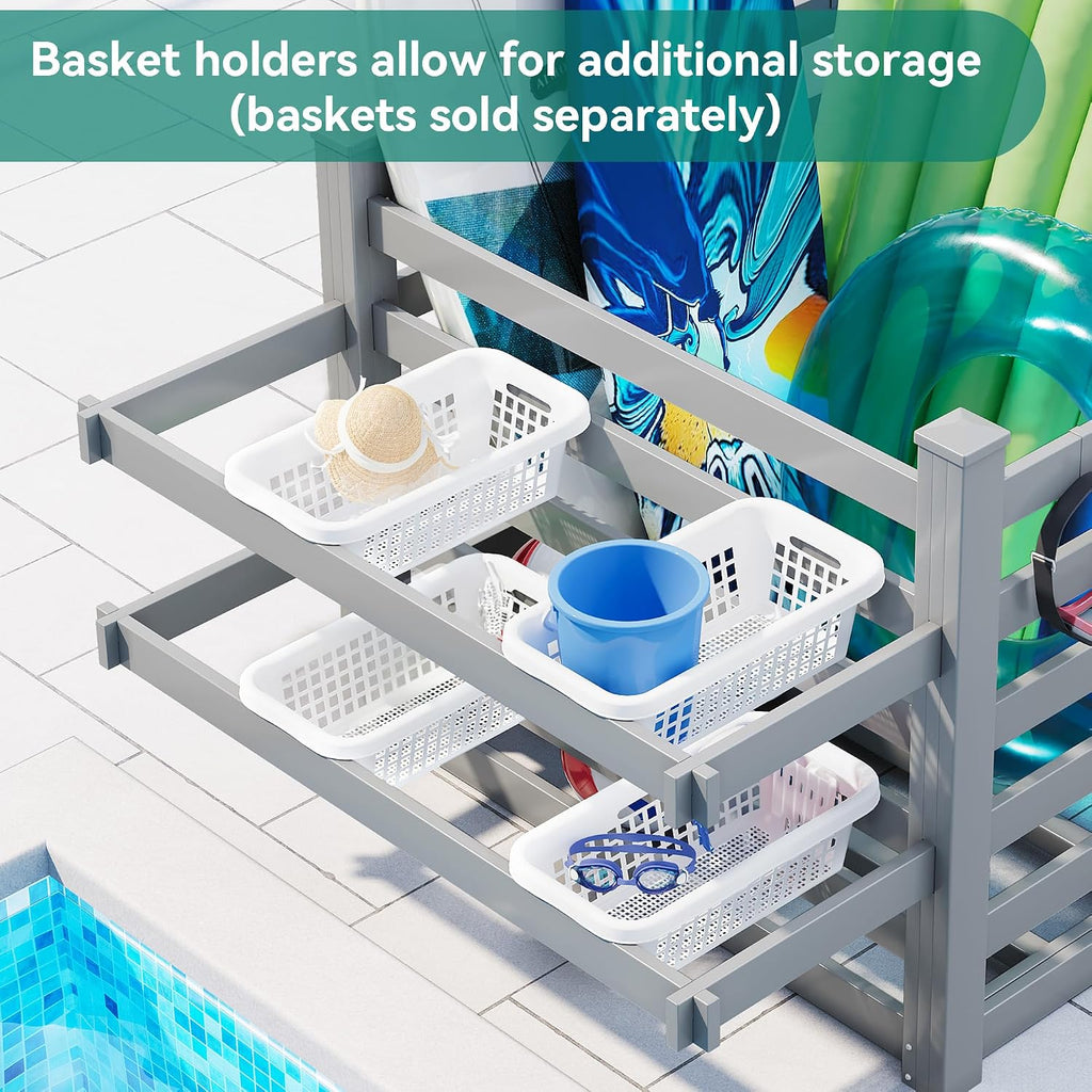 YITAHOME 64' W x 47' L x 39' H Poolside Deckbox Storage Organizer with 6 Movable Hooks, Outdoor Waterproof Pool Storage Bins (Light Gray)