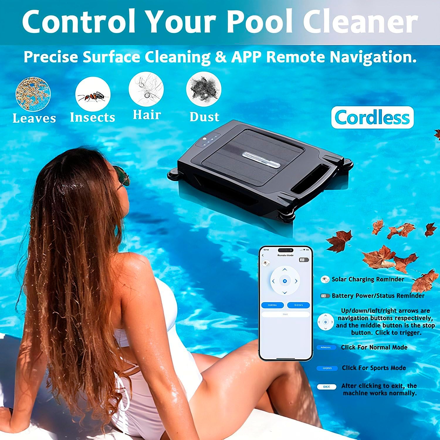 Solar Powered Automatic Robotic Pool Skimmer Cleaner, with Solar and Rechargeable Dual Mode, with Dual Charging Modes 24/7 Cleaning