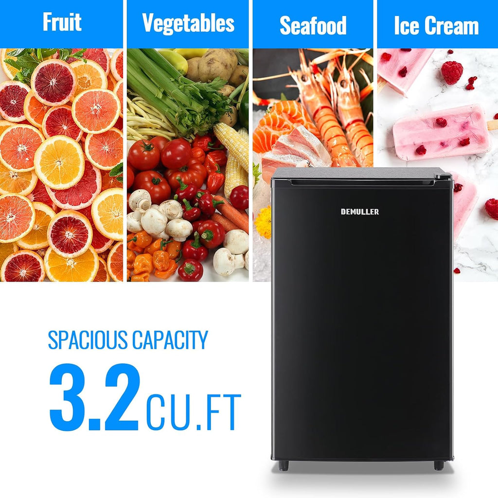 DEMULLER 3.2 Cu.Ft Upright Freezer with 7 Adjustable Thermostat Stand-up Single Door Compact Freezers with Rapid Cooling Technology for Home Kitchen Dorm Black