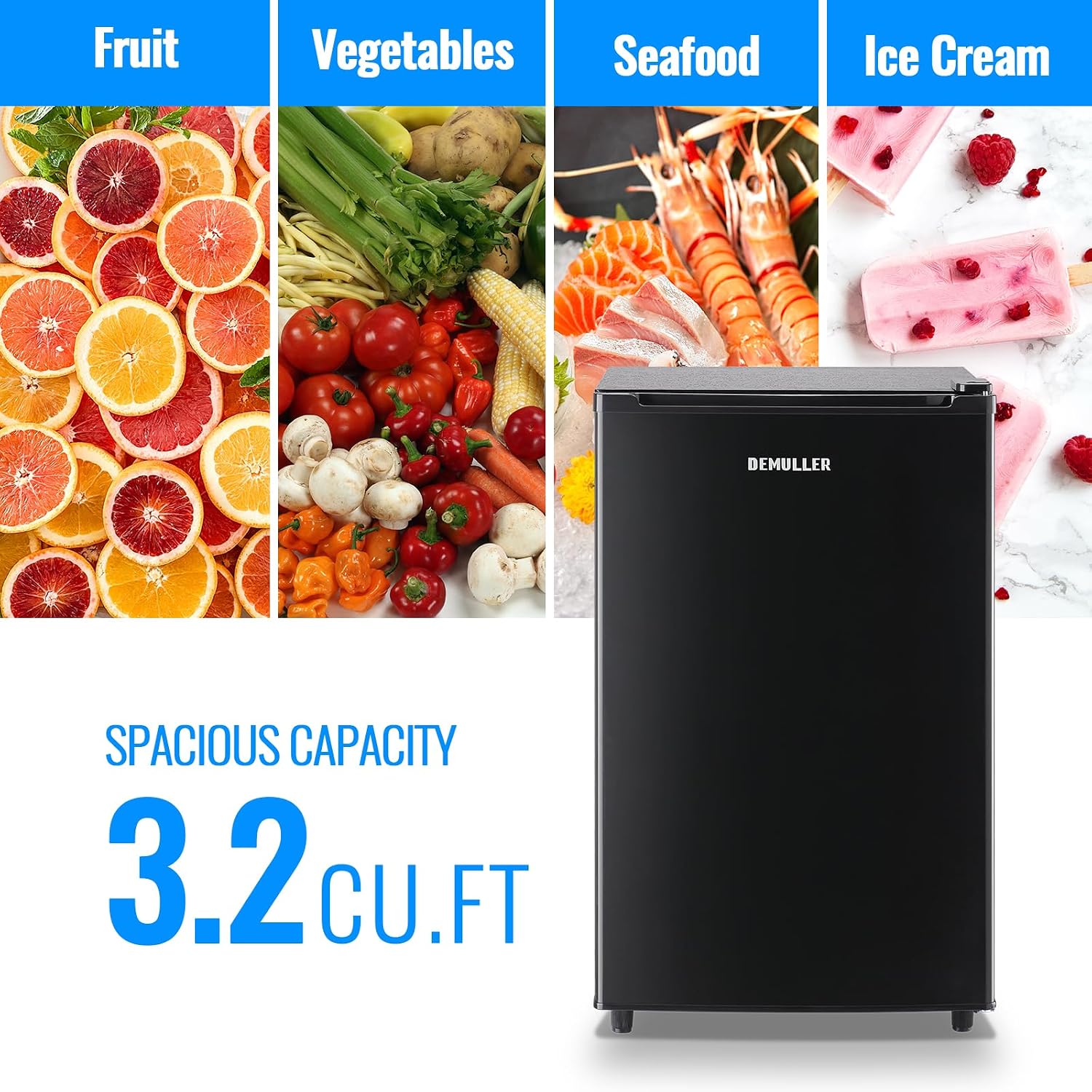 DEMULLER 3.2 Cu.Ft Upright Freezer with 7 Adjustable Thermostat Stand-up Single Door Compact Freezers with Rapid Cooling Technology for Home Kitchen Dorm Black