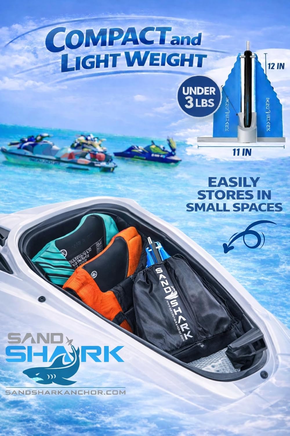 SandShark Premium Fluke Anchor-Retractable Shaft Easy Storage-Aluminum Pontoon Boat Anchor, Jet Ski Anchor. Boats<30 ft. Sand Anchor for Boat, Boat Anchor.