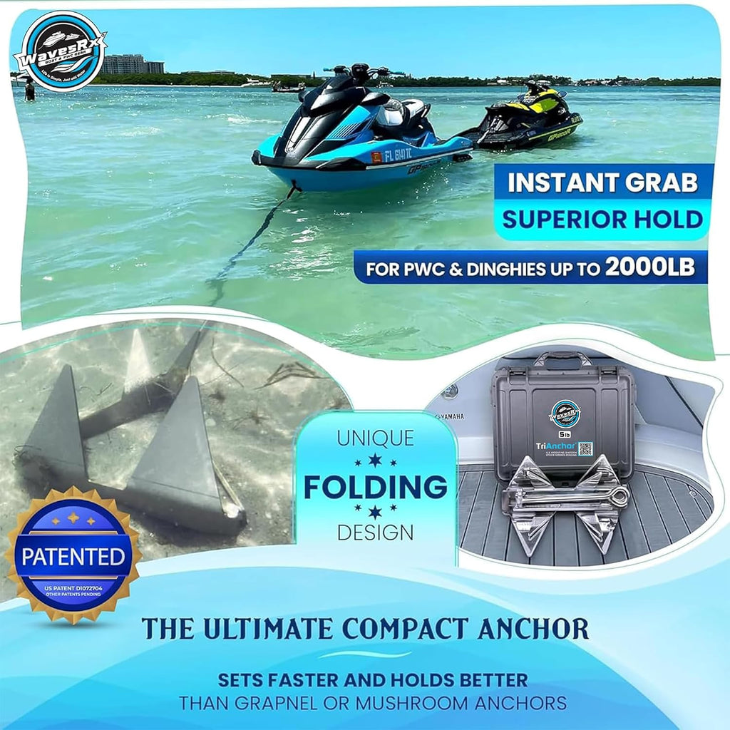 WAVESRX TriAnchor - Stainless Steel Folding PWC & Boat Anchor | Sets Instantly for Effortless Boat & Jet Ski Anchoring | Compact Patent-Pending Design Grips Better Than Plow, Fluke or Box Anchor