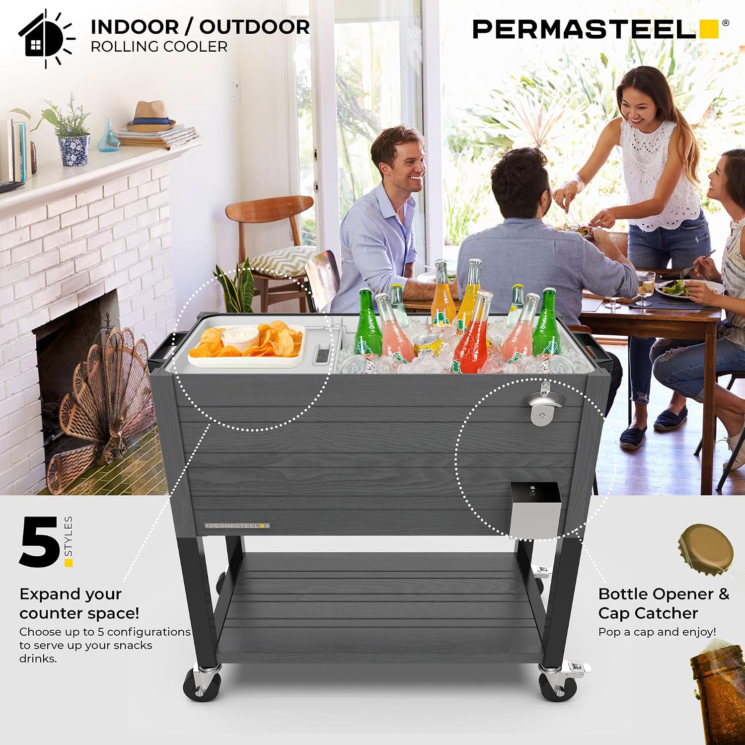 Permasteel 80 Quart Party Cooler, Rolling Ice Chest with Wheels and Handles for Indoor Outdoor Patio