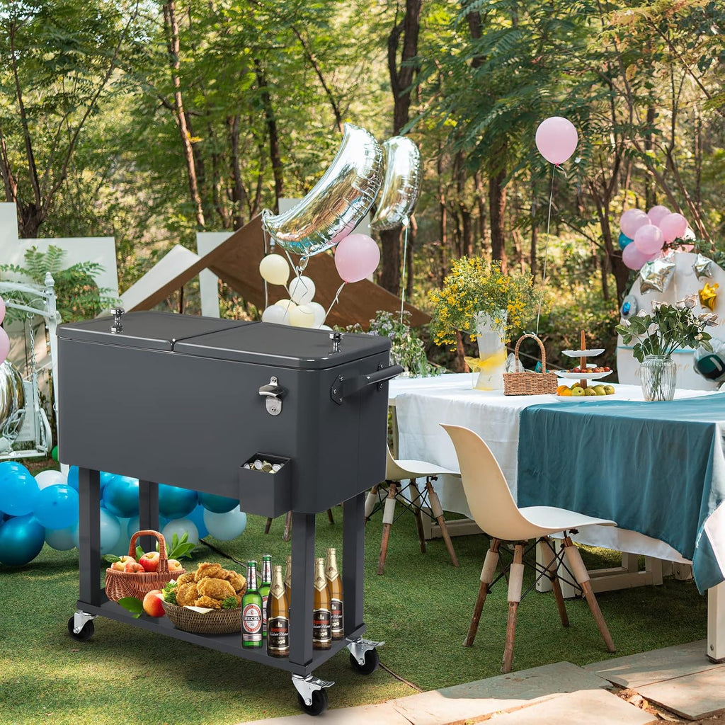 80 Quart Rolling Cooler Cart with Shelf and Bottle Opener for Patio Party