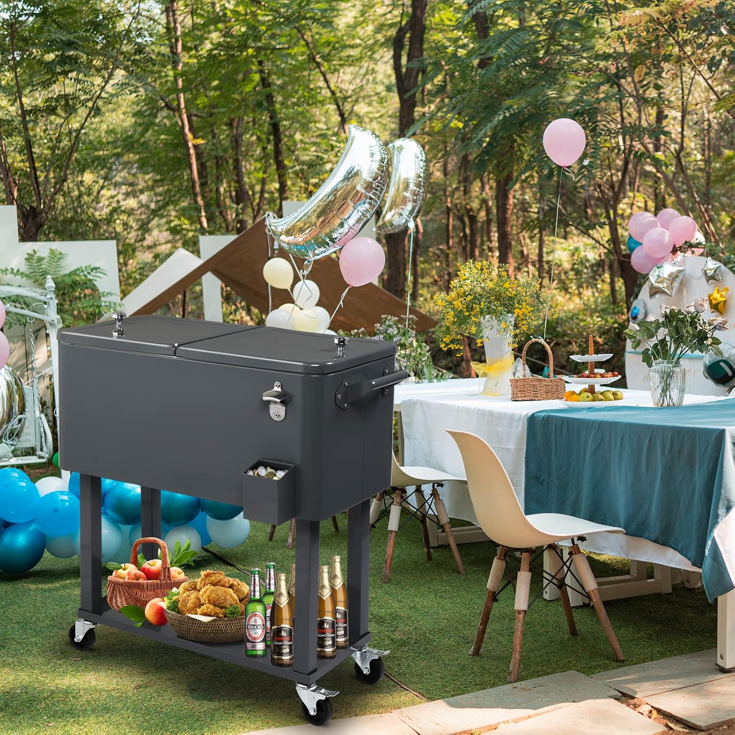 80 Quart Rolling Cooler Cart with Shelf and Bottle Opener for Patio Party