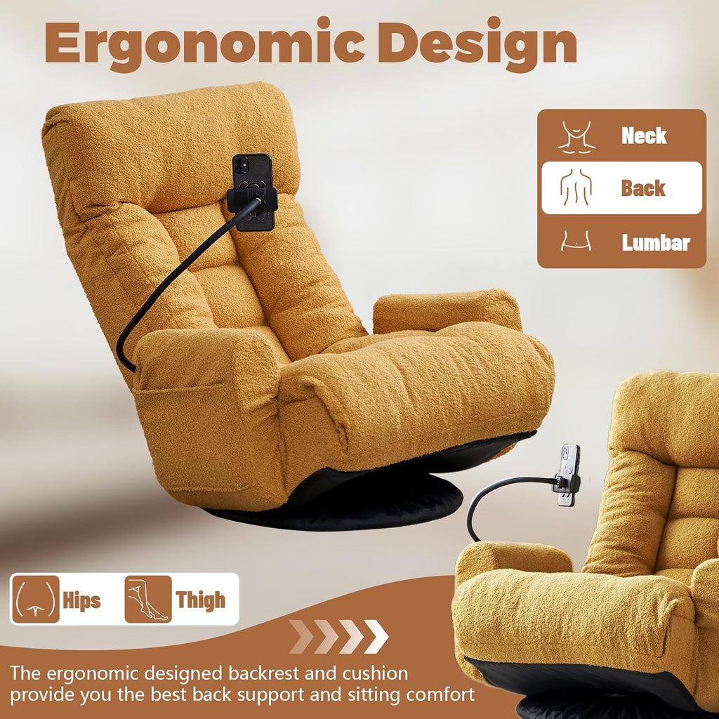 360° Swivel Floor Gaming Chair Teddy Folding Lounge Chair Sofa Chair with Adjustable Head and Waist, Armrests & Phone Holder, Padded Cushion Leisure Chairs for Living Room Bedroom (Yellow)