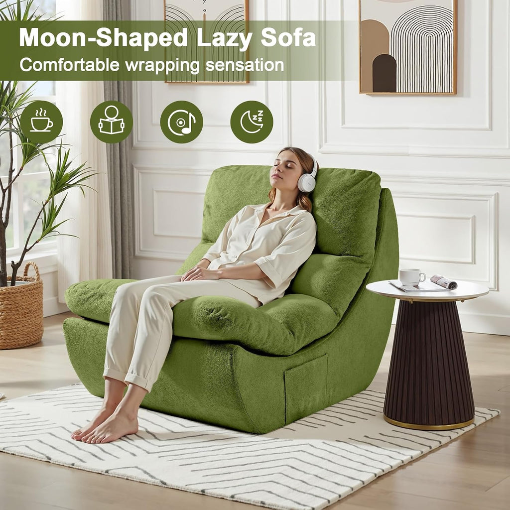 Comfy Reading Chair for Adults, Modular Sectional Sofa Bean Bag Chair, Cloud Boneless Couch Style with High Rebound Foam, Single Seat Compressible Sofa for Living Room & Bedroom, Green