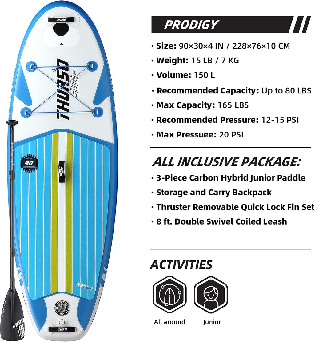 THURSO SURF Prodigy Junior Kids Inflatable SUP Stand Up Paddle Board 7'6 x 30'' x 4'' Two Layer Includes Adjustable Carbon Shaft Paddle/3 Fins/Leash/Duffle Bag/NO Pump Included