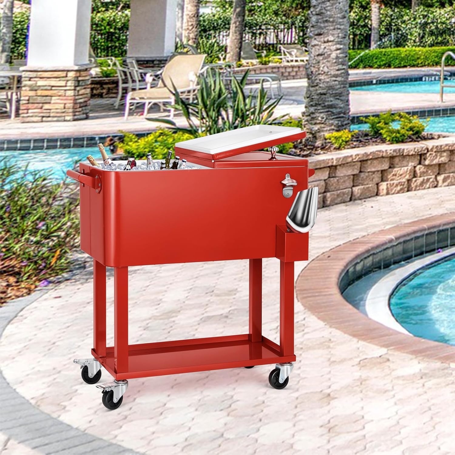 80 Quart Rolling Ice Chest Cooler Cart,Patio Backyard Party Drink Beverage Bar Stand Up Cooler Trolley with Ice Scoop