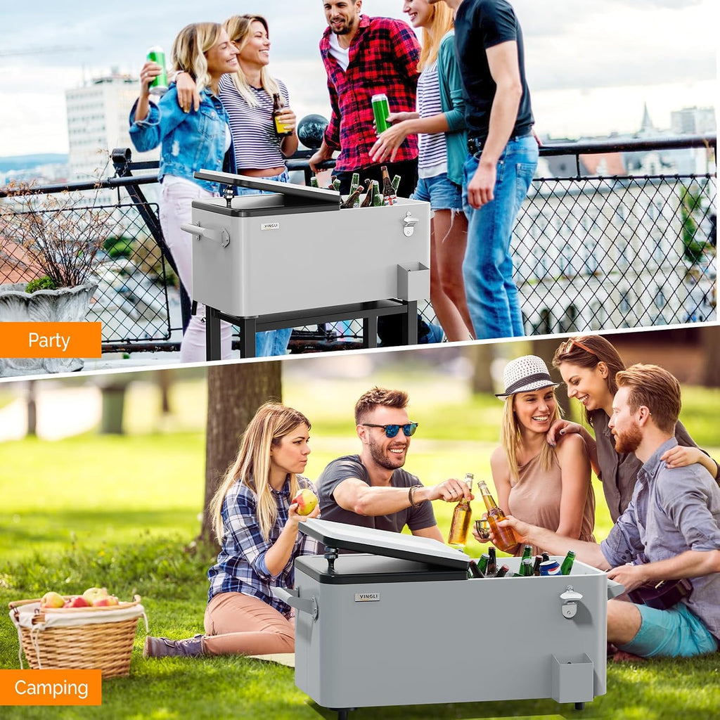 VINGLI Patio Cooler, Rolling Ice Chest on Wheels, Portable Patio Party Bar Drink Cooler Cart, with Shelf, Beverage Pool with Bottle Opener,Water Pipe