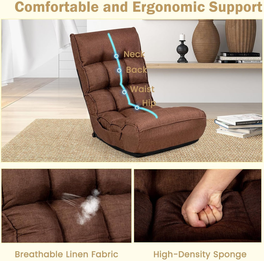 KOMFOTT Folding Floor Chair for Adults, Floor Gaming Chair with 5-Position Adjustable Headrest & 4-Position Adjustable Backrest, Side Pocket, Floor Seating Lazy Sofa for Reading, Meditating, Brown
