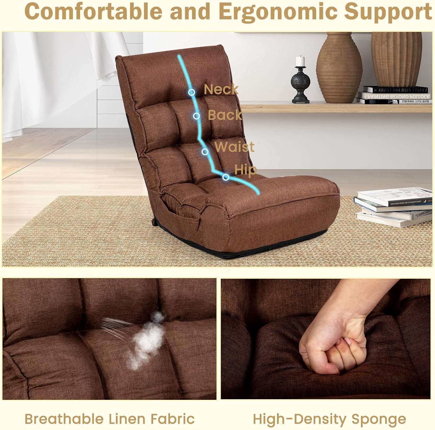 KOMFOTT Folding Floor Chair for Adults, Floor Gaming Chair with 5-Position Adjustable Headrest & 4-Position Adjustable Backrest, Side Pocket, Floor Seating Lazy Sofa for Reading, Meditating, Brown