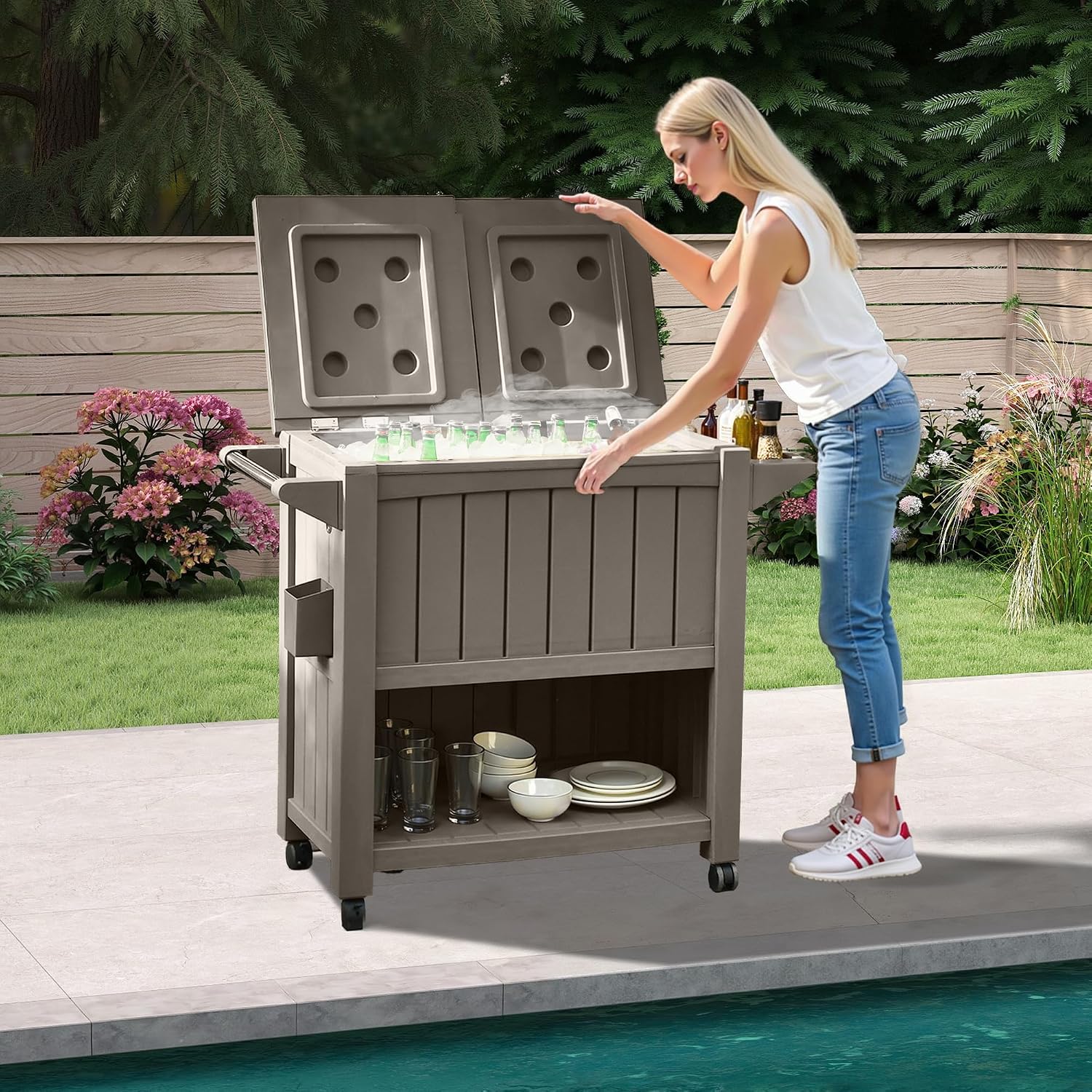 DWVO Ice Chest with Wheels,80 Quart Rolling Cooler with Bottle Opener Drainage, Patio Cooler Cart, Rolling Ice Chest with Handle for Patio Pool Deck Party BBQ Cookouts