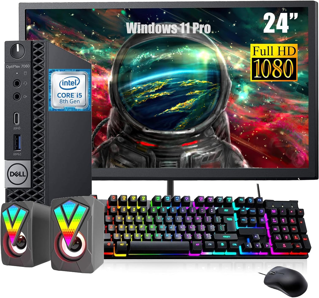 Dell OptiPlex 7060 Mini Desktop Computer with 24' FHD Monitor, RGB Speakers, Core i5-8500 3.0GHz-4.1GHz, 16GB RAM, 512GB SSD, DP Cable, RGB Keyboard, Mouse, Windows 11Pro (Renewed)