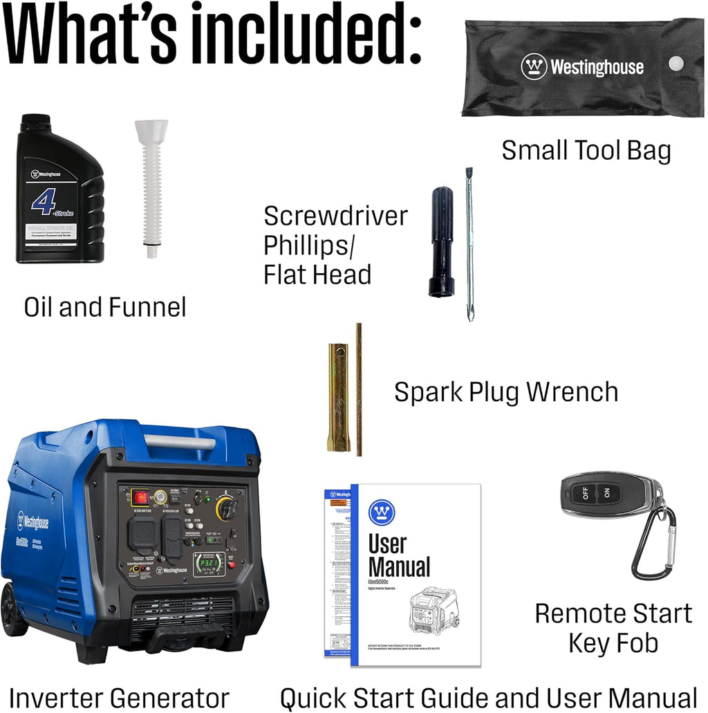 Westinghouse 5000 Peak Watt Super Quiet Portable Inverter Generator, Remote Electric Start with Auto Choke, RV Ready 30A Outlet, Gas Powered, CO Sensor, Parallel Capable